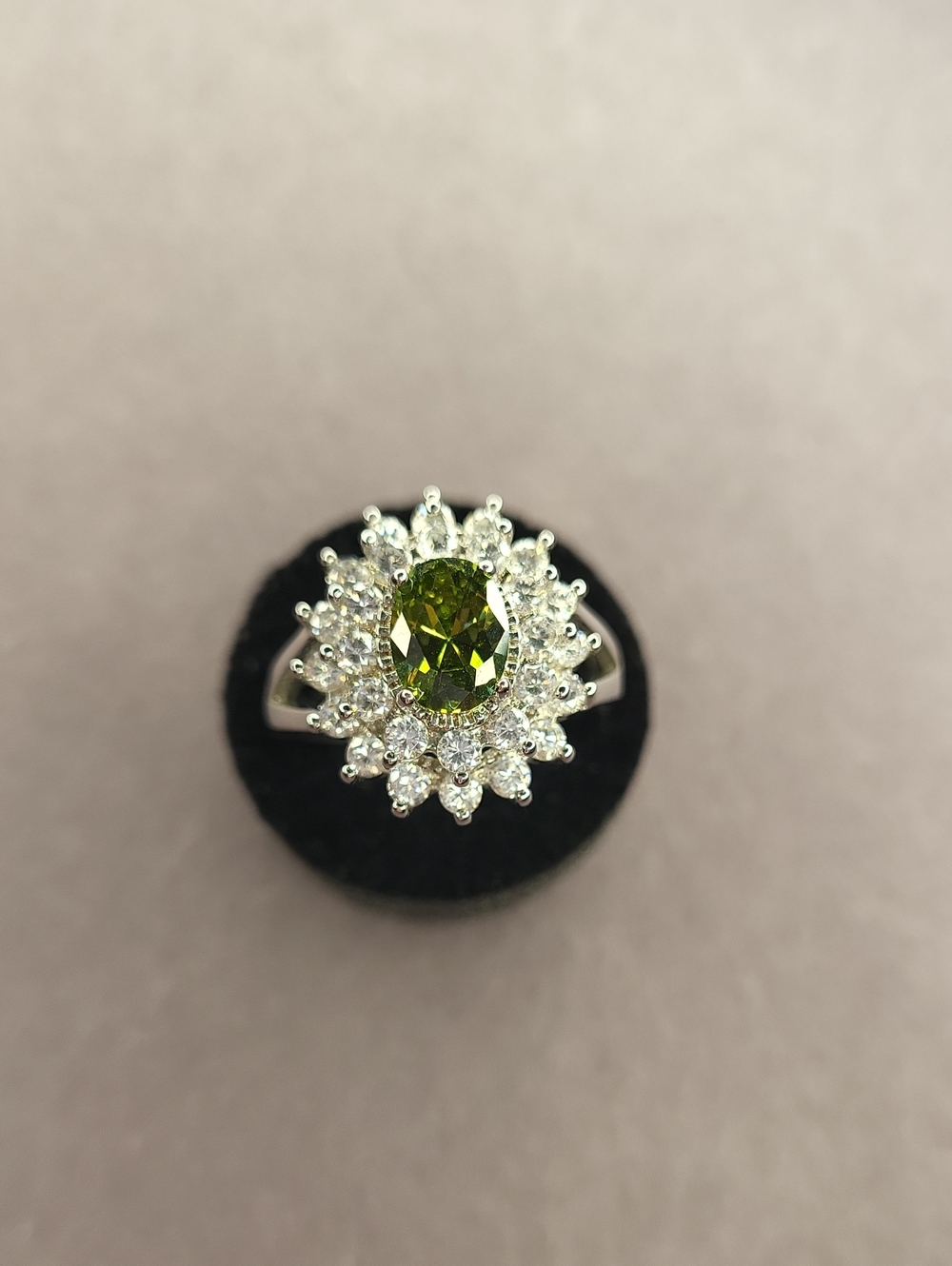 Silver Green Oval Halo Ring